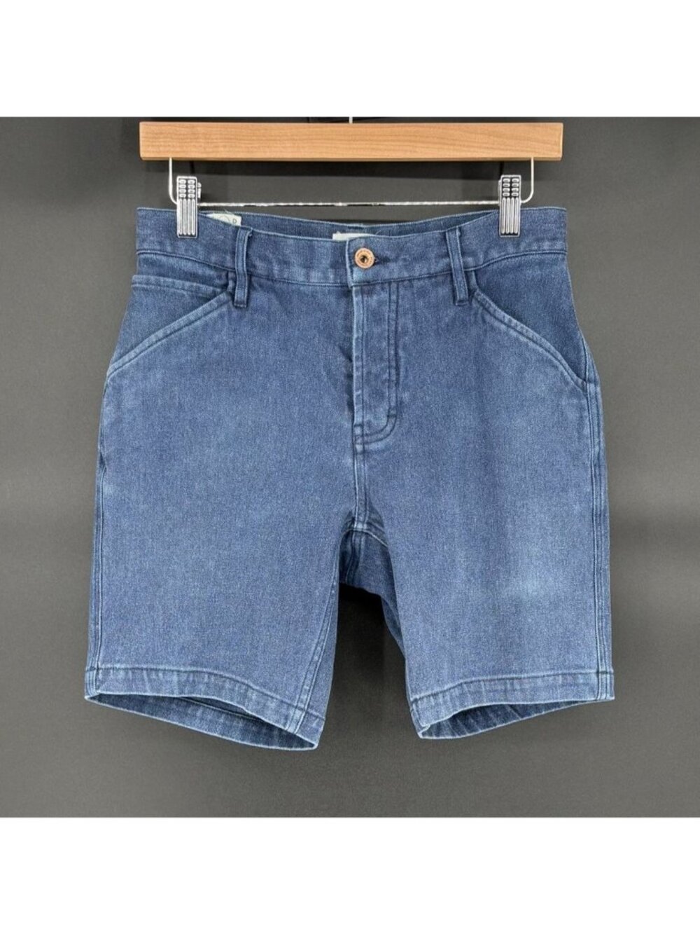Taylor Stitch 8" Camp Shorts Mens 29 Blue Boss Duck Hemp Blend Canvas Button Fly
